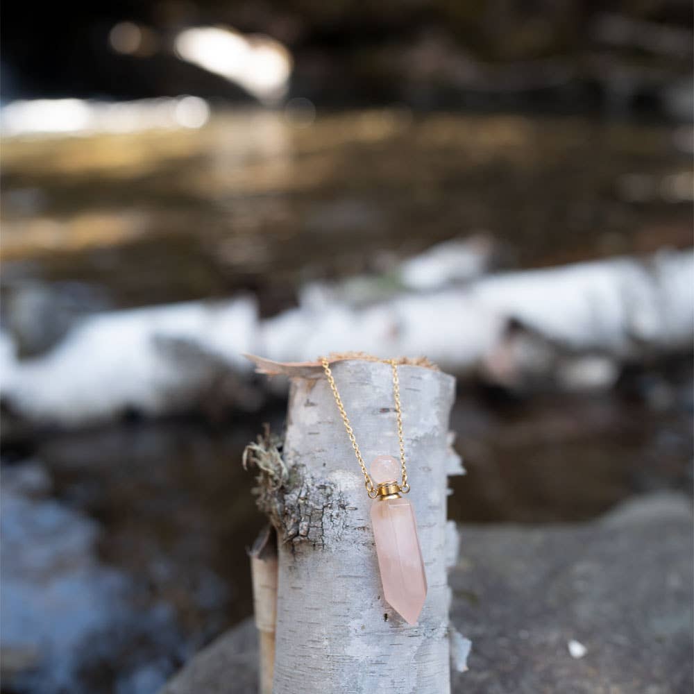 Gemstone Point Pendant Perfume Bottle Necklace - Rose Quartz