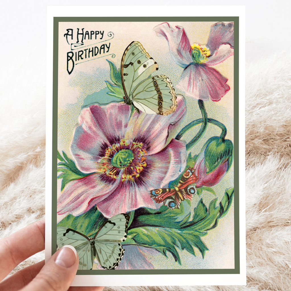 Greeting Card. A Happy Birthday! Vintage Flower and Moths.