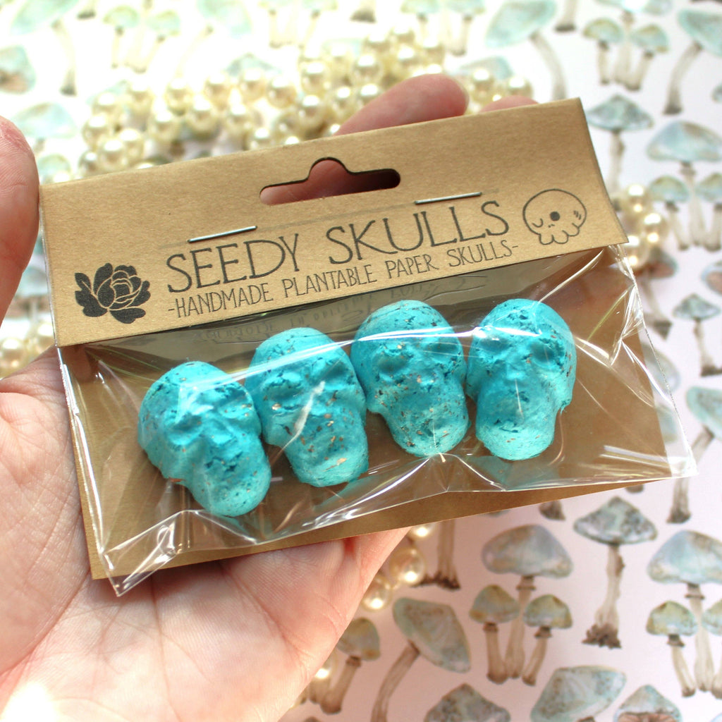 4 Pack Teal Plantable Paper Skulls Seed Bombs