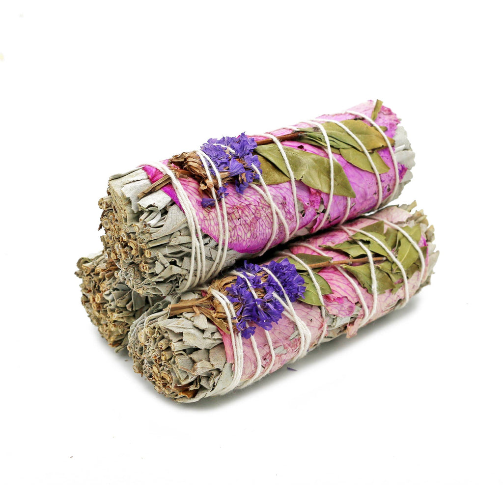 Rose Petals and White Sage Meadow Fresh Floral White Sage Smudge Stick (4 in.)