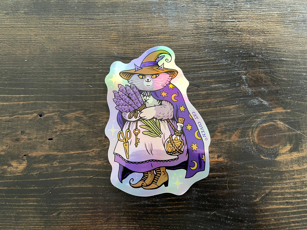Lavender Cat Witch - Holographic Sticker