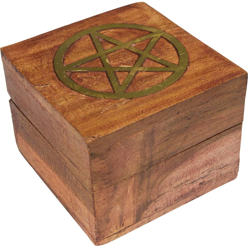 Acacia Wood Box Velvet Lined Brass Inlay - Pentacle (Each)