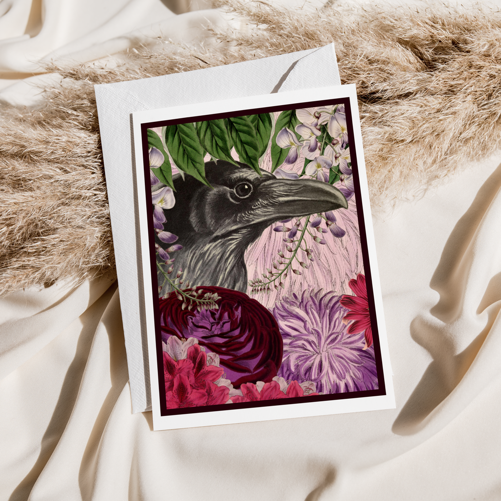 Vintage Raven With Purple Flowers Greeting Card