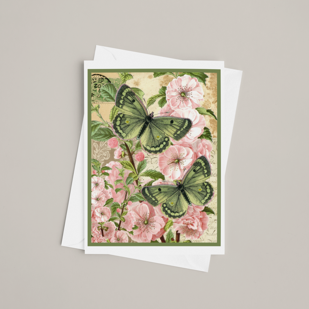Pink Flowers with Green Moths Greeting Card